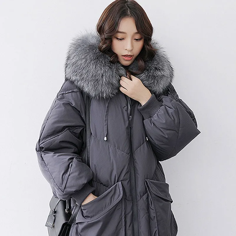 Gray real collar Зимний женский пуховик большой воротник из меха енота с капюшоном светильник из белого утиного пуха и тонкое пальто для женщин размера плюс HJ166 - Цвет: Gray real collar