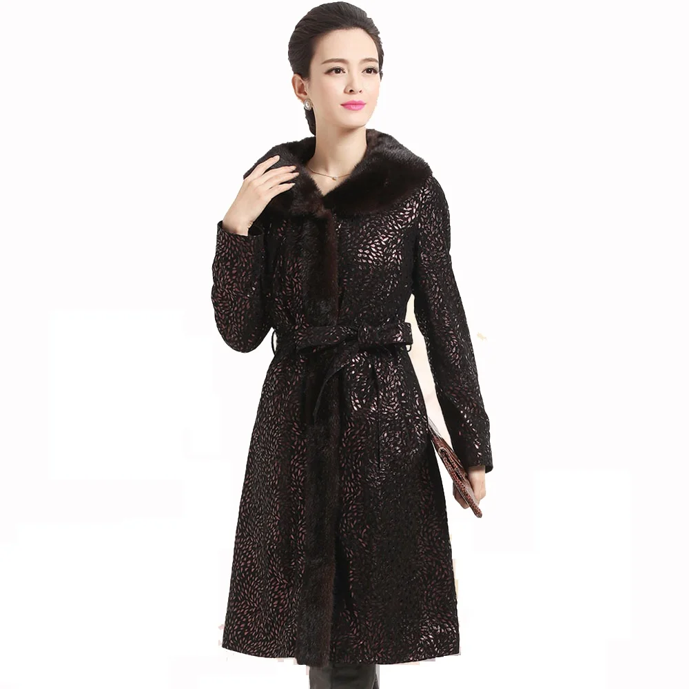 2020 european Luxury Genuine Printed Sheepskin Leather Down Parkas Coat mink Fur Collar Winter Women Fur Outerwear Coats