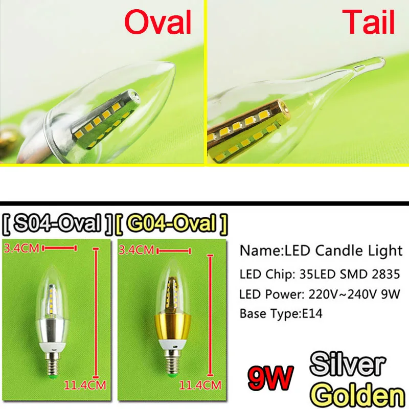 Алюминий велаш Lampara светодиодный E14 лампы в форме свечи 7w 9w светильник 220V золотого