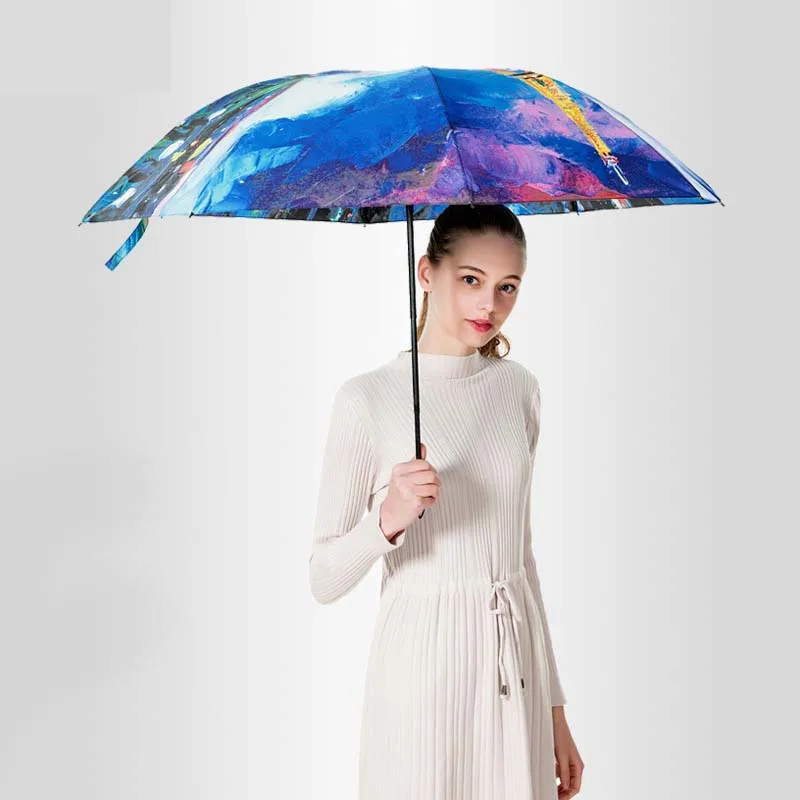 

Creative tri-fold umbrella Oil painting folding umbrellas Gifts high-end advertising umbrella