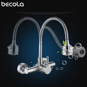 stainless steel wall mounted kitchen faucet wall kitchen mixers kitchen sink tap 360 degree swivel flexible hose double holes free global shipping