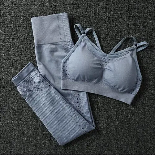 Gray blue Спортивные костюмы бесшовный Набор для йоги Женская одежда Для Бега Фитнес Спортивная одежда леггинсы для спортзала мягкий пуш-ап спортивный бюстгальтер+ брюки - Цвет: Gray blue