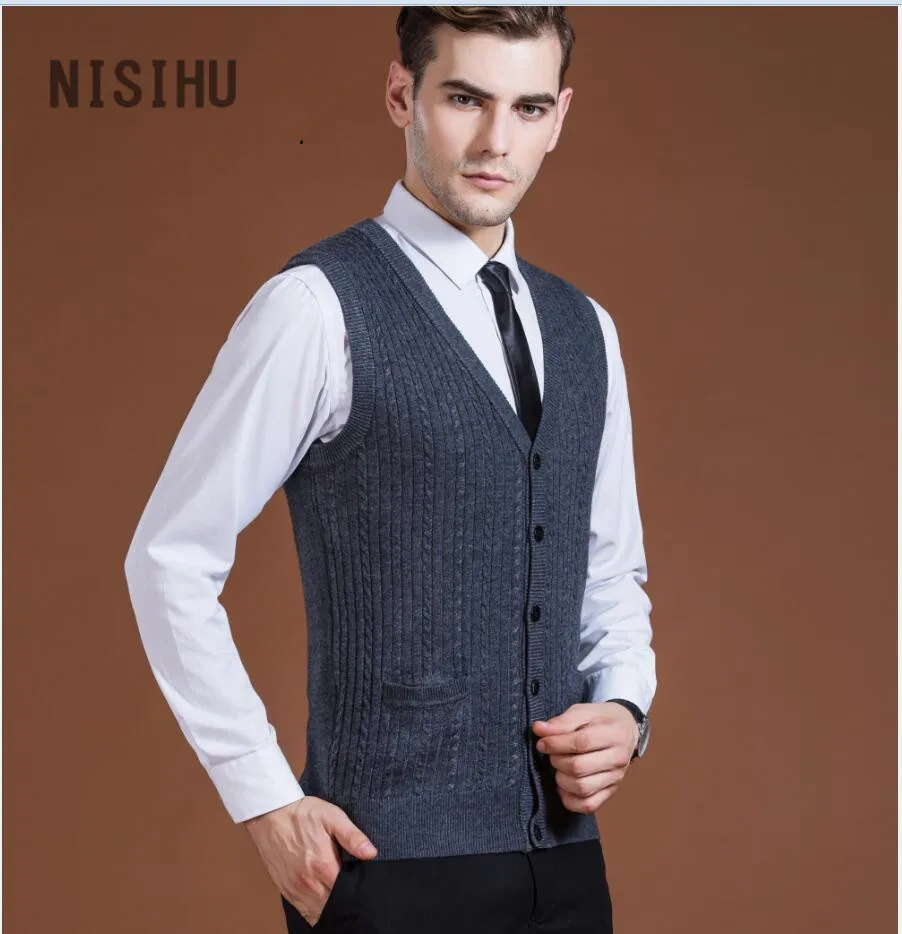 Мужской однотонный кашемировый кардиган без рукавов с треугольным вырезом