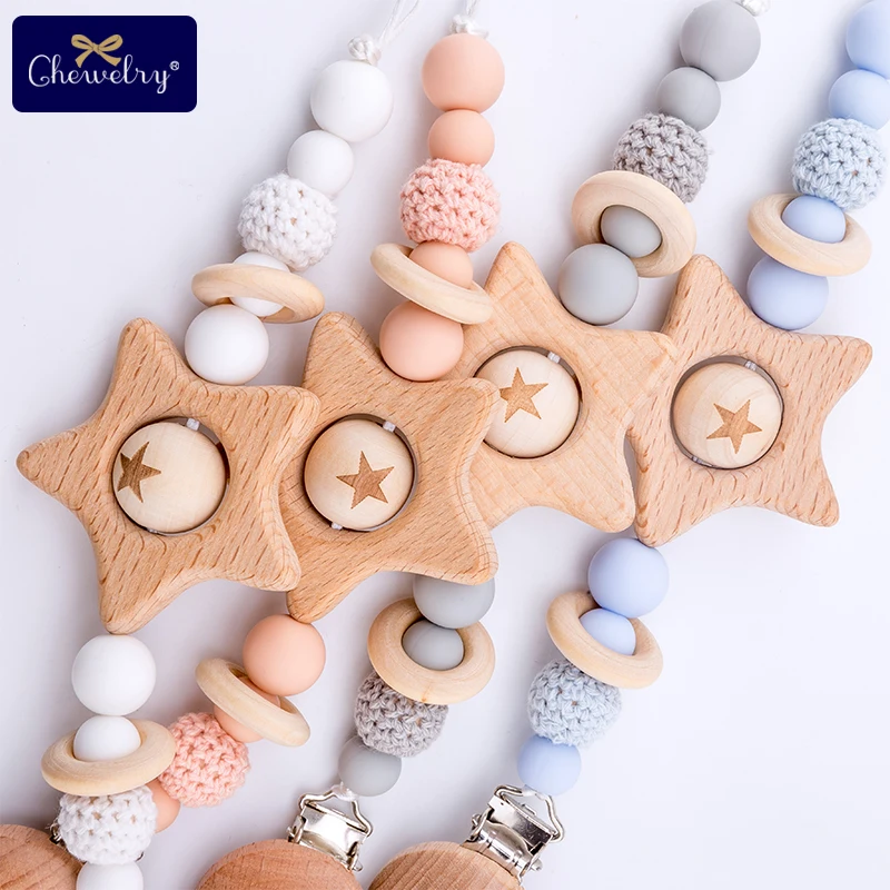 Деревянный Прорезыватель для зубов, Детская соска, клипса, цепь, 1 шт., бук, звезда, деревянный геометрический крючок, бисер, держатель для соски, пустышка, клипса для детей, Let's Make