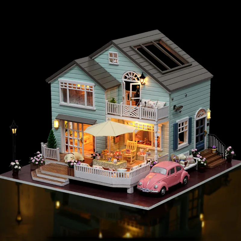 

CUTE ROOM Cute Green Villa Big Model Building Kits Wooden Doll House Children Kids Boys Girls Birthday Gifts