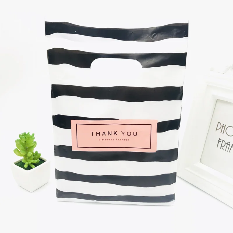 Pink Black Thank You 20x30cm Black White Stripes Plastic Handles Bag Plastic Boutique Jewelry Gift Bags With Handle 50pcs