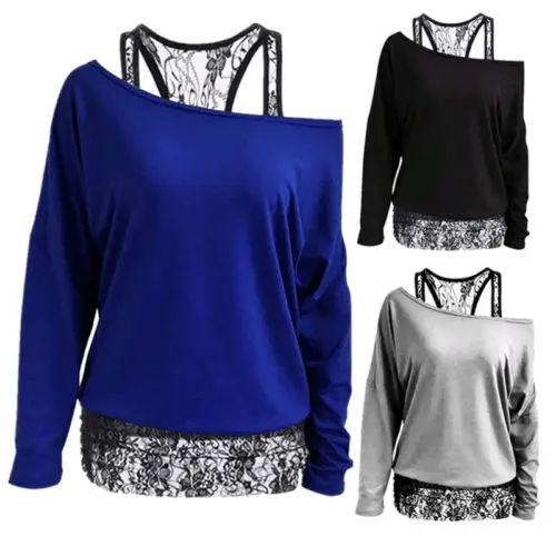 Женская Кружевная футболка с длинным рукавом размера плюс открытыми плечами и |