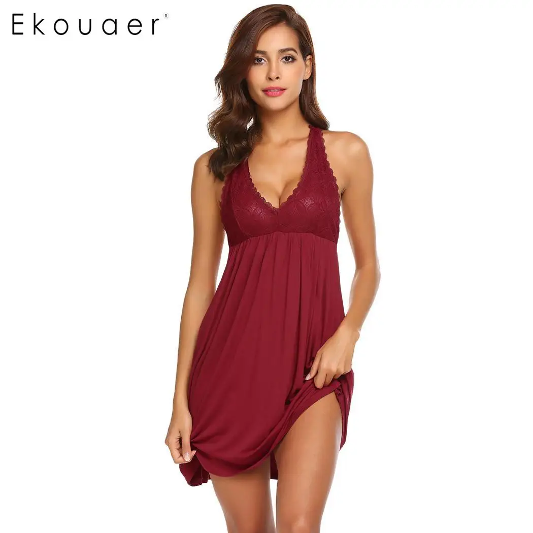 wine red Ekouaer женское белье, ночная рубашка, платье для сна, женское кружевное лоскутное сексуальное платье для сна, ночная рубашка, Женская домашняя одежда - Цвет: wine red