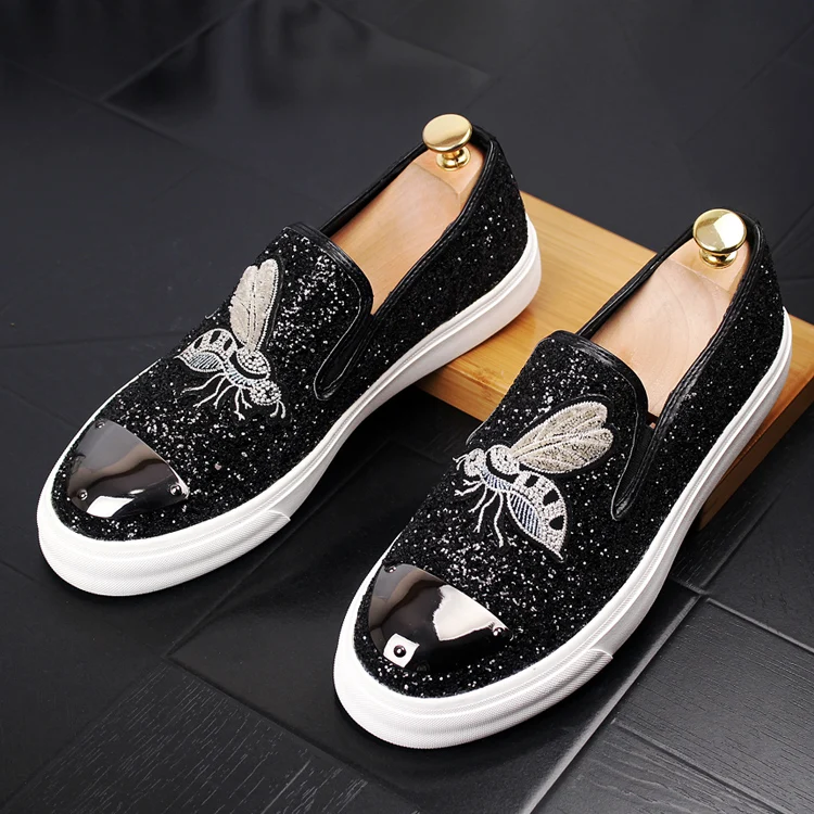 Movechain men's fashion Bee Вышитые Мокасины мужские повседневные Мокасины из ткани Оксфорд с блестками мужские вечерние слипоны для вождения на плоской подошве