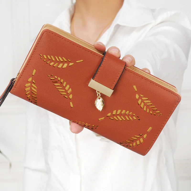 Женский Длинный кошелек из ПУ кожи с золотыми листьями|sweet purses|wallet puwomen long wallet |
