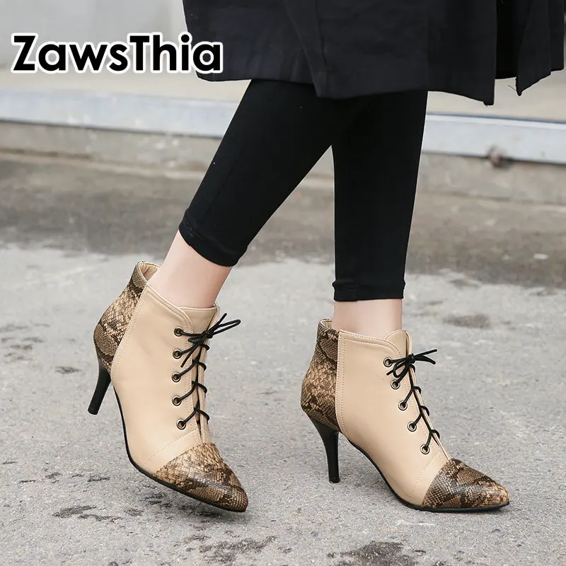 

ZawsThia 2022 winter PU leather red sexy thin high heel boots lace up serpent skin print woman stilettos booties fashion shoes