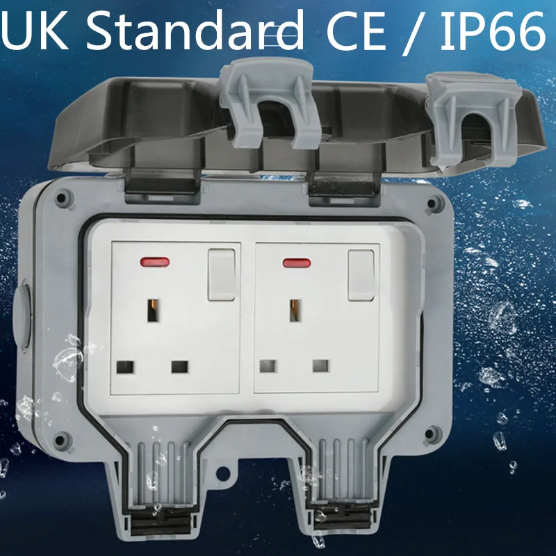 

IP66 Weatherproof Waterproof Outdoor Wall Power Socket 16A Double UK Standard Electrical Outlet Grounded AC 110~250V