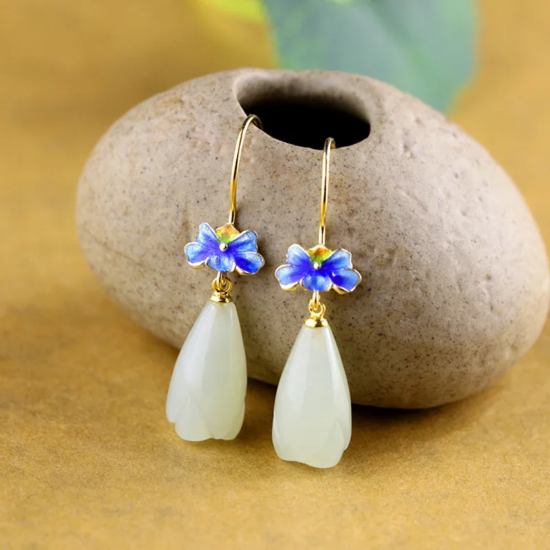 2019 Real Jade Golden Color Lotus Drop Earrings For Women Elegant 925 Sterling Silver Fine Jewelry Christmas Gift | Украшения и