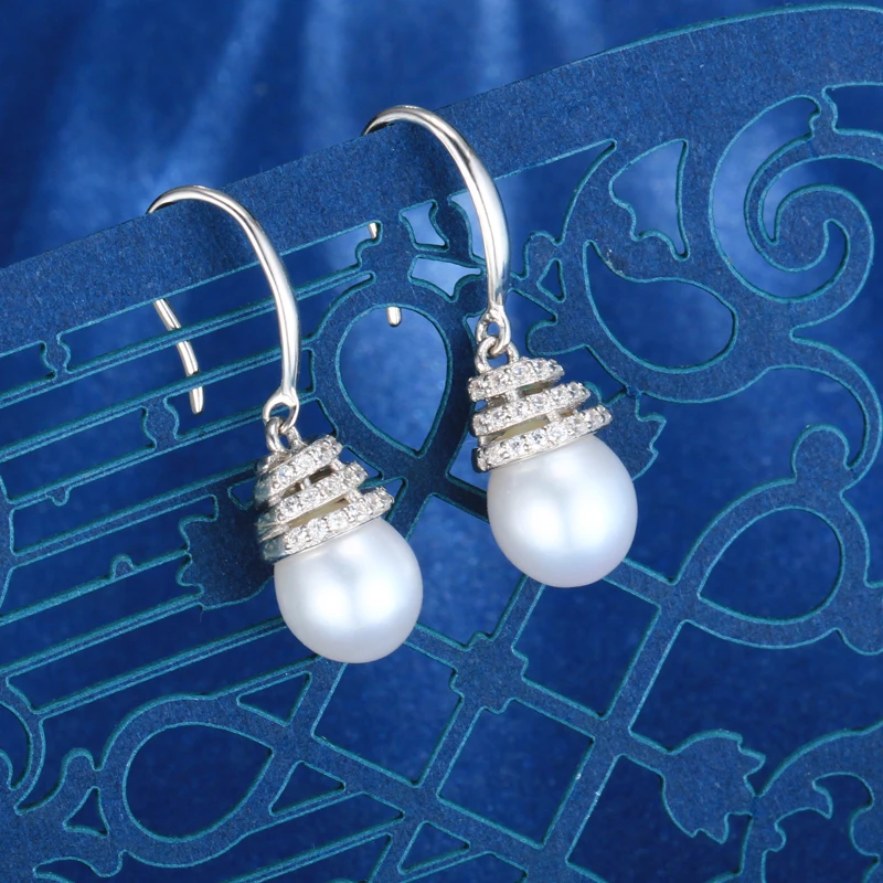 Dainashi спираль простой ушной крючок стиль роскоши Silver Pearl Длинные серьги-капли