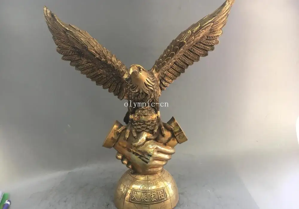 

20''brass folk office fengshui decor handshake spread the wings Hawk