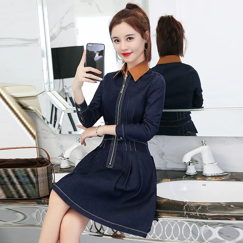 2019 Новинка весны джинсовые платья с лацканы молнии джинсы платье Для женщин