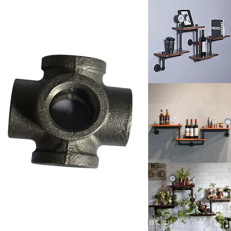 2Pcs/Lot G3/4&quot DN20 Black Side Outlet Cross Iron Cast Pipe Fittings Industrial Style Storage Holders Brackets | Обустройство дома