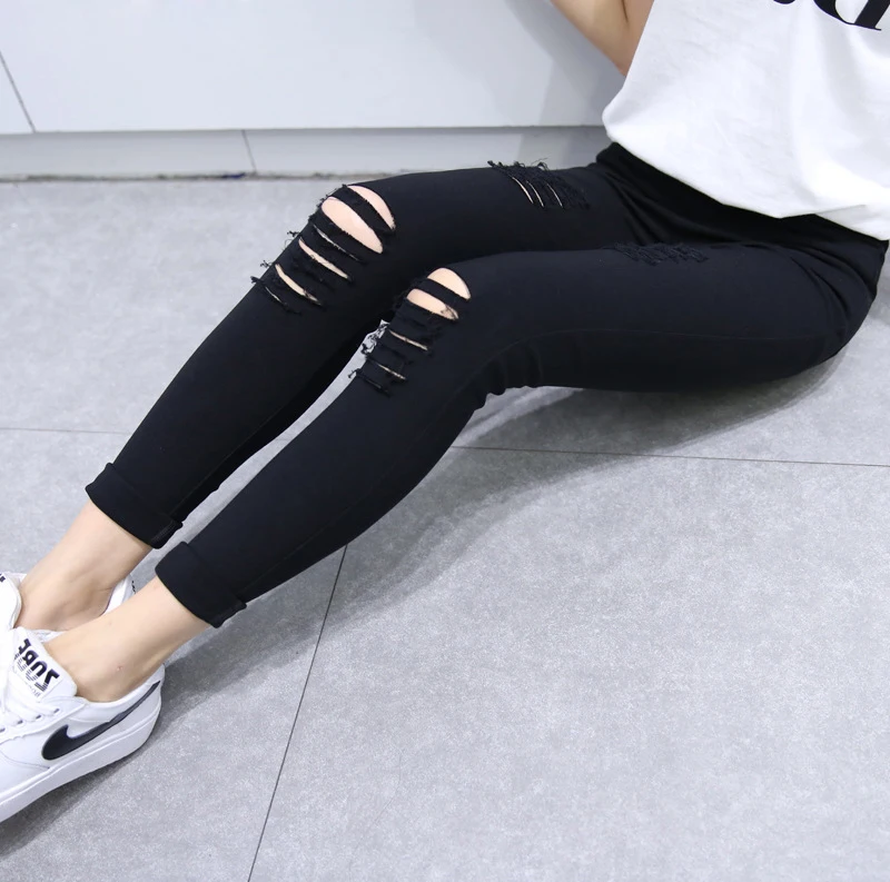 Женские рваные брюки-карандаш с дырками эластичная талия леггинсы вырезами