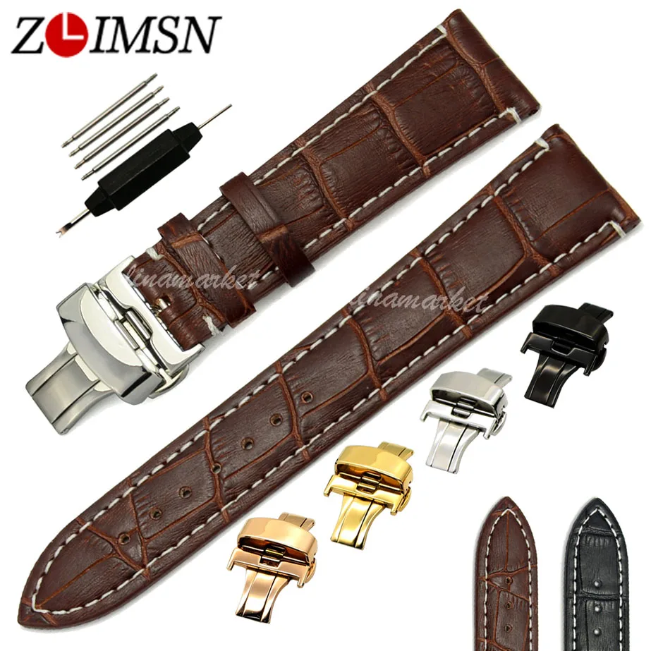 

ZLIMSN Watchbands Metal Belt Buckle Brown with White stitched Genuine Leather Watch BANDS Strap Watch Bands 18 20 22 24mm