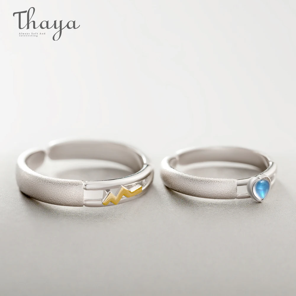 Thaya Heartbeat Rings Real 925 Sterling Silver Natural Moonstone Couple rings for Women Men Resizable Wedding Jewelry Gifts