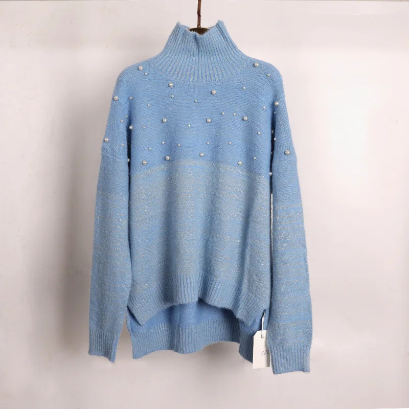 Turtleneck Women Sweater Long Sleeve Pearl Beading Pink Pullover Femme Kintted Pull | Женская одежда