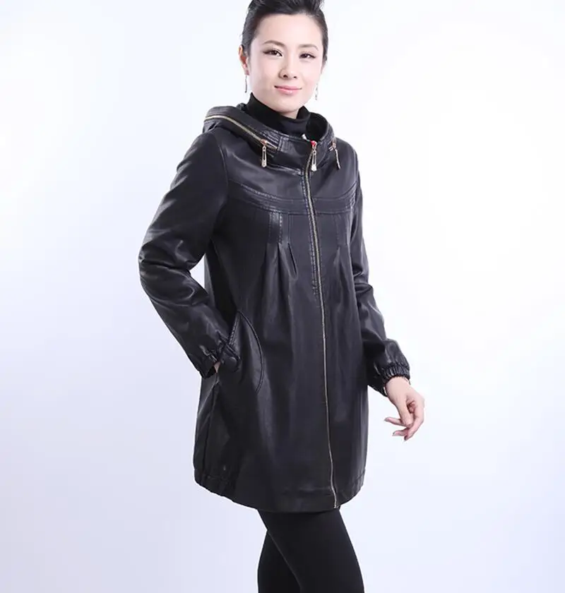 Женское кожаное пальто размера плюс 6XL, новинка, черная кожаная куртка, женская верхняя одежда, длинная облегающая мотоциклетная Женская кожаная одежда красного цвета - Цвет: black