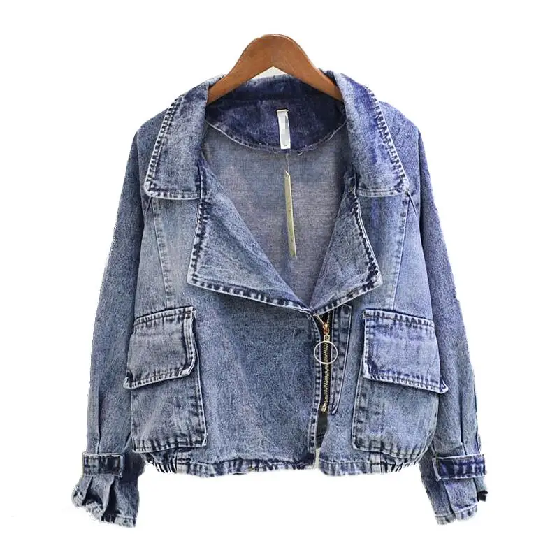 Осень Для женщин с лацканами джинсовая куртка уличная Zip-up длинным рукавом Винтаж