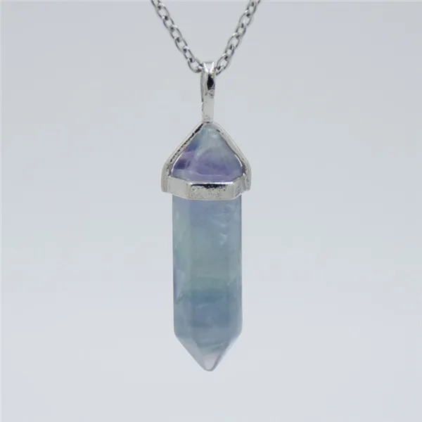 1pc necklace Натуральный драгоценный кварцевый камень пуля Шестиугольная точка ожерелье из флюорита подвеска Маятник Колонка Рейки Исцеление Шарм Чакра Ювелирные изделия - Окраска металла: 1pc necklace