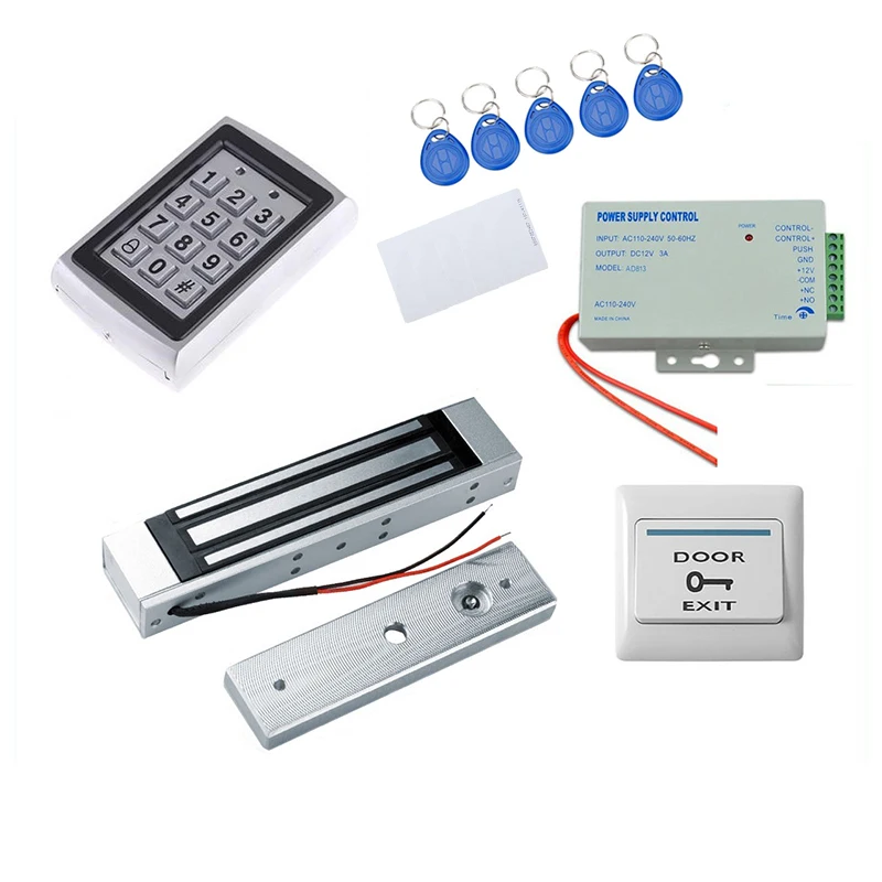 Комплект системы контроля доступа RFID с металлическим корпусом, 180 кг, электромагнитный замок, 12 В постоянного тока, 3 А, источник питания, ID-карта, брелок, вход паролем, кнопка выхода двери