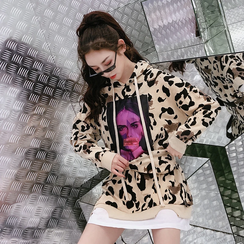 7 Манг 2019 Leopard Harajuku Принт толстовки для женщин уличная повседневное отверстие