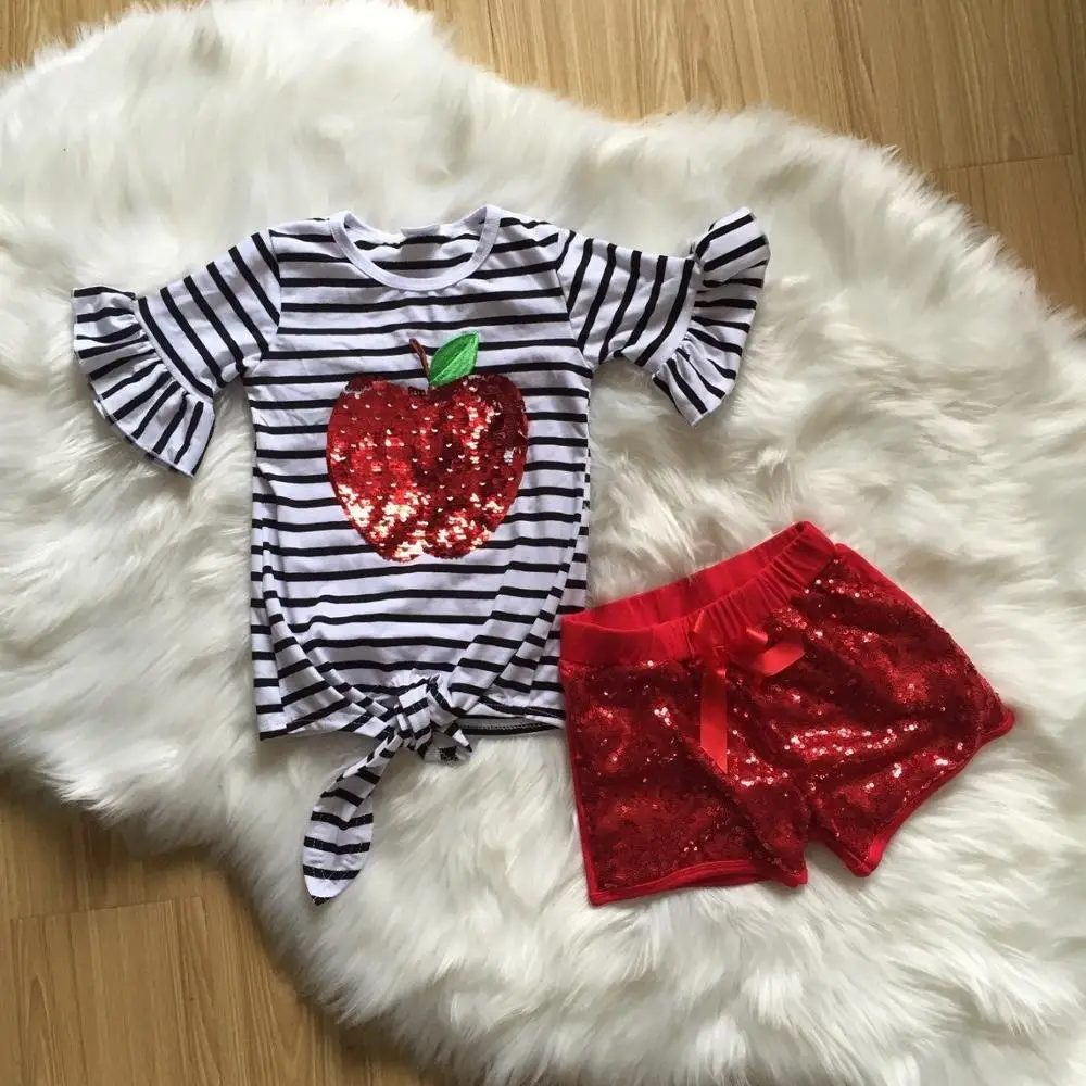 Одежда для маленьких девочек летняя одежда яблочный топ красные шорты с двойными