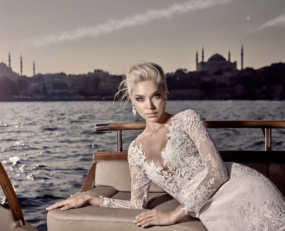 Простой 2017 Свадебное Платье Русалка Тюль Аппликации Scoop Шеи Полный Рукавом