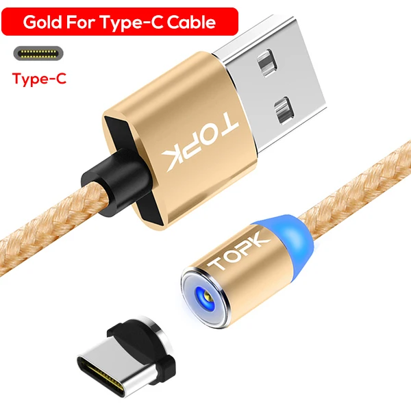 TOPK R-Line2 светодиодный магнитный кабель usb type C, обновленный нейлоновый Плетеный Магнитный кабель type-C для зарядного устройства samsung S8 Xiaomi Mi6 USB-C - Цвет: 1 Gold Cable 1 Plug