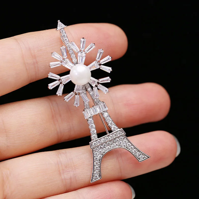 SWOUR New Fashion Jewelry White Gold Color CZ Rotating Snowflake Tower Design Apparel Brooch Pin Collar For Women S403 | Украшения и