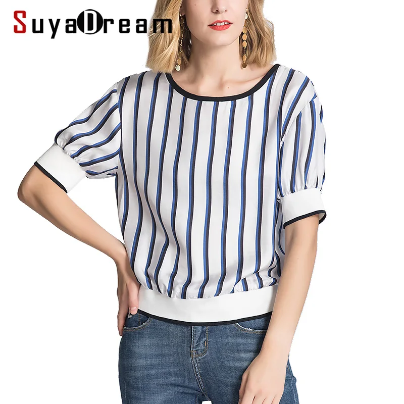 Women T Shirt 100% REAL SILK Striped Print Short Sleeved 2019 Spring Summer Printed shirt for | Женская одежда