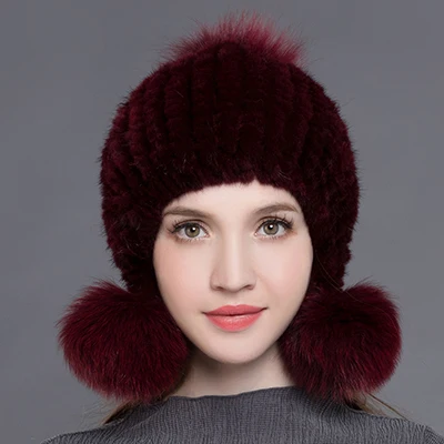 Wine red Magelier, женские шапки из натурального меха, зимние теплые вязаные шапки из натурального меха норки, шапки с помпонами с 3 лисьими меховыми шариками, Мягкие Шапки, новинка, MZ007 - Цвет: Wine red