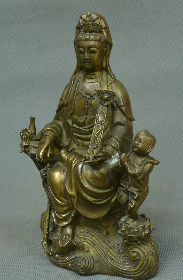 Old China Buddhism Bronze Free Kwan-yin Guan Yin Tong zi Boy Boddhisattva Statue | Дом и сад