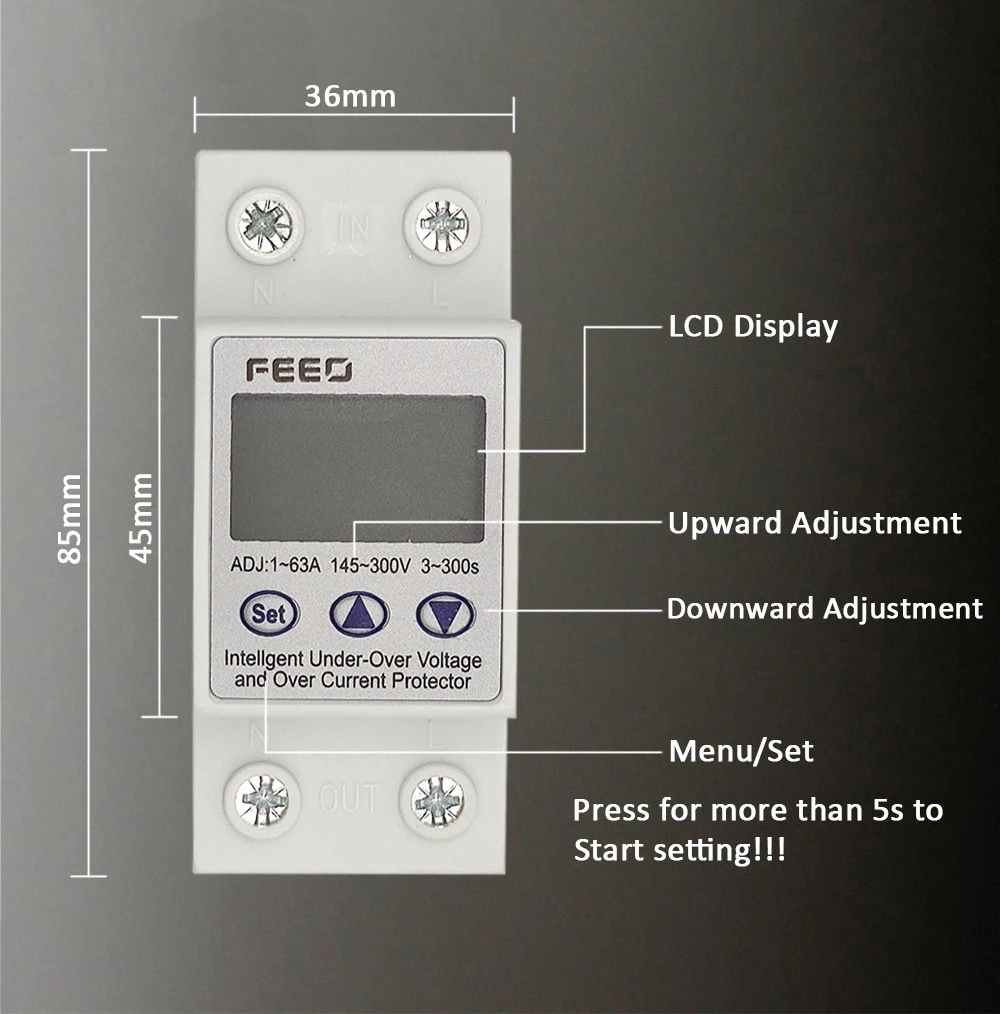 FEEO 1-63A 140-300V over voltage and under voltage protective device protector protection relay with voltmeter