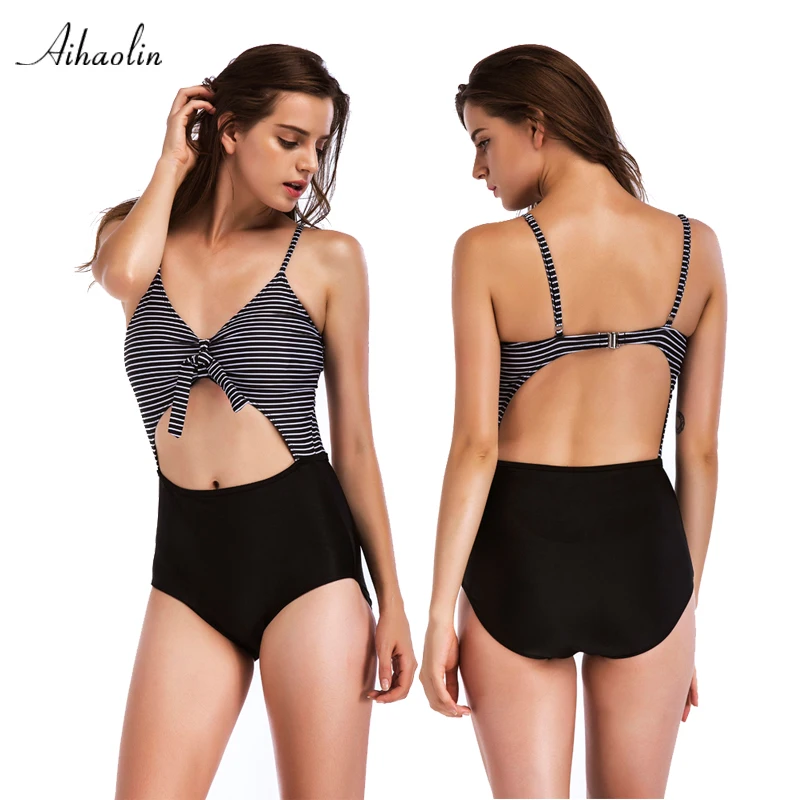 Черный Полосатый Одна деталь купальник Высокая талия купальники девушки пляж