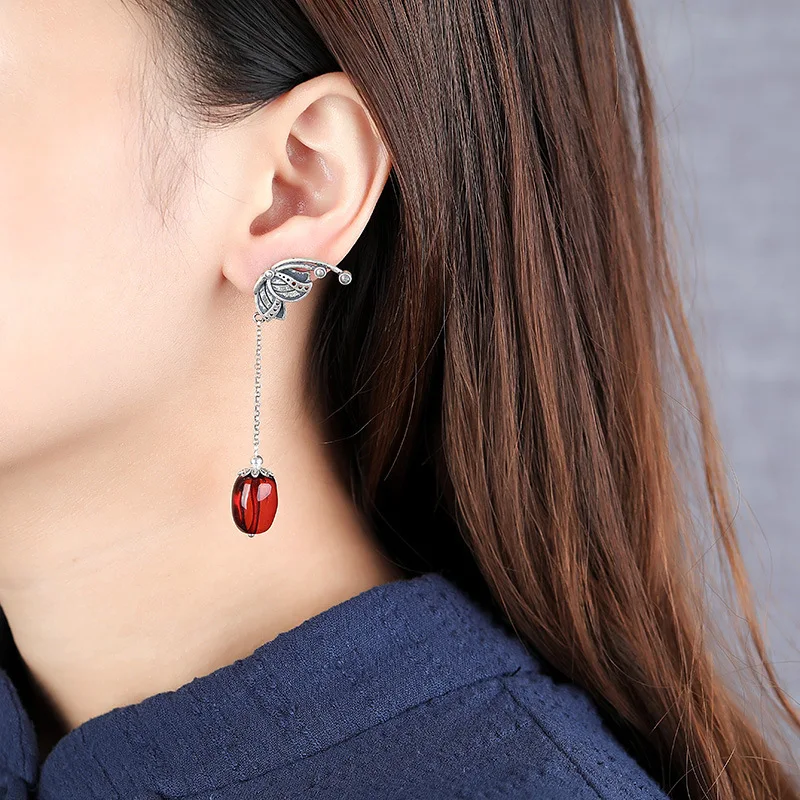 S925 sterling silver retro female personality natural blood amber temperament national wind ear free shipping | Украшения и