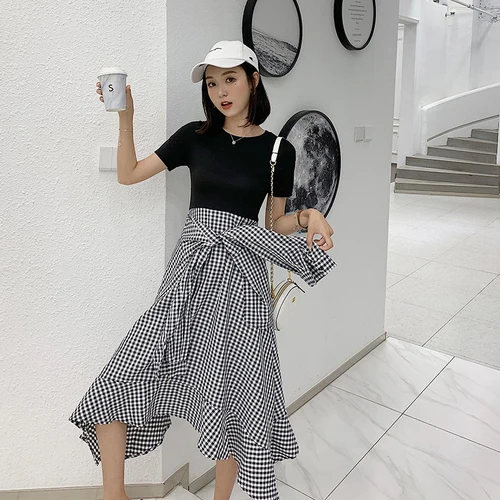 

2019 Summer Korean Patchwork Short Sleeve Women Dress Fake Two Pieces Plaid Preppy Style Vintage Dress Chic Woman Maxi Dresses