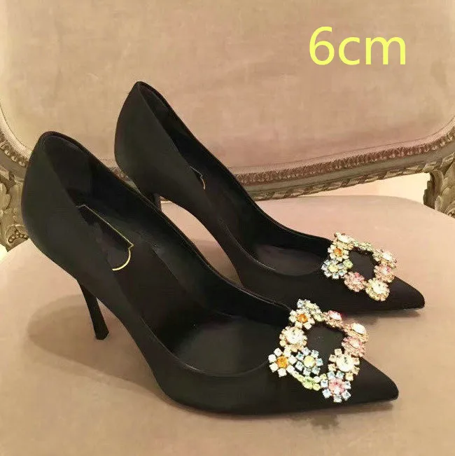 Black -colourful 6cm Г.,, женские атласные туфли-лодочки с острым носком, украшенные цветами и кристаллами, с пряжкой, женские вечерние туфли на высоком каблуке для свадьбы - Цвет: Black -colourful 6cm