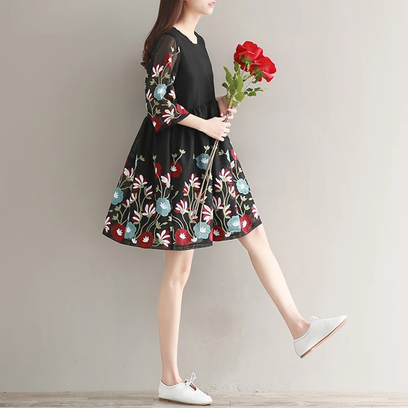 Женское платье с цветочной вышивкой винтажное А-силуэта коротким рукавом и