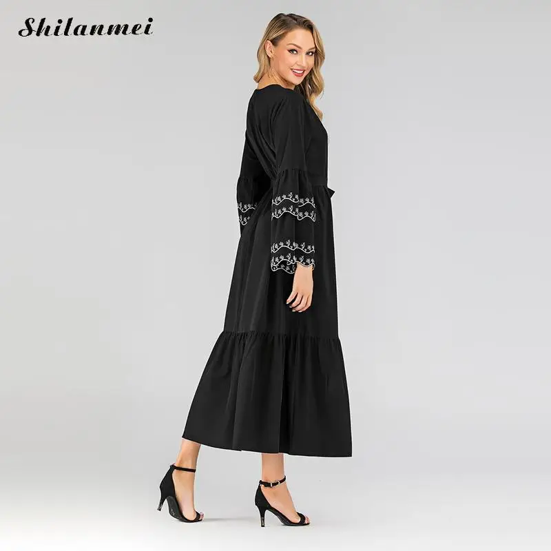 

Vintage Black Maxi Dress Plus Size 5xl Belt Long Flare Sleeve Loose Long Robe Autumn Winter Elegant Big Size Long Dress Vestidos