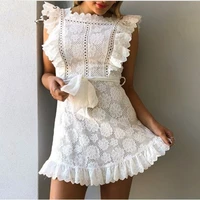 fanco elegant embroidery lace women dress hollow out sashes ruffle white summer dress slim sexy party lady dress