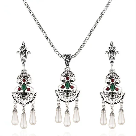 15 silver green Турецкое ювелирное изделие, мозаичный зеленый красный топ, кристалл из смолы, тибетское серебряное свадебное ожерелье и жемчужный набор, ожерелье для девочек с подвесками - Окраска металла: 15 silver green