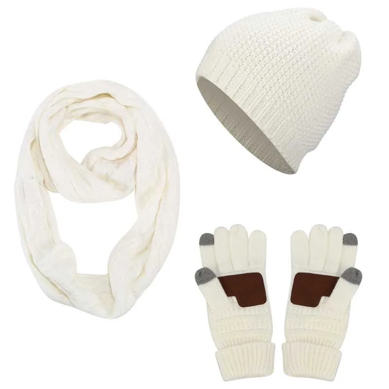 C-White Ponytail Beanie Women Scarf Hat Glove Sets Knitted Winter Cap Warm Skullies Beanies Woolen Hats Casual Female Slouchy Knit Caps - Color: C-White