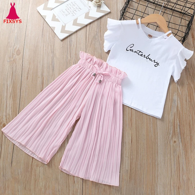 Summer 2020 Girls Clothing Sets Kids T-shirt +Wide Leg Pants Suits Children Short Sleeve Baby Girl Clothes 5 6 7 8 9 10 12 Years