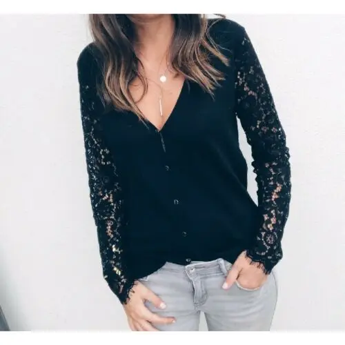 

Women V-neck Tops Lace Long Sleeve Floral Hollow Out Shirt Ladies Blouse shirts 2019 NEW Arrival