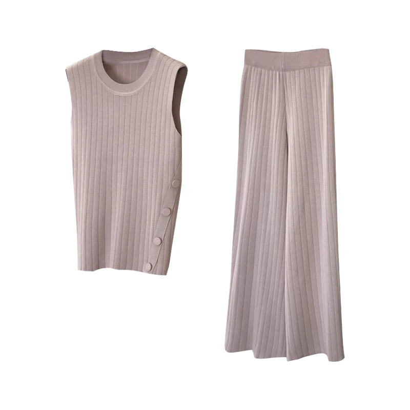 Женский вязаный жилет и брюки ALPHALMODA без рукавов с боковыми пуговицами + широкие